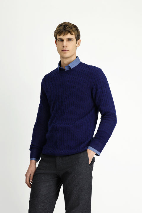 Koyu Lacivert Bisiklet Yaka Regular Fit Desenli Yünlü Triko Kazak