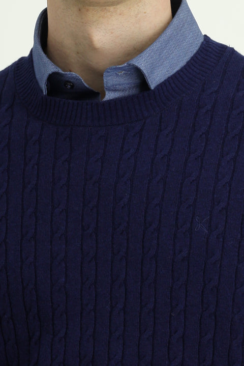 Koyu Lacivert Bisiklet Yaka Regular Fit Desenli Yünlü Triko Kazak