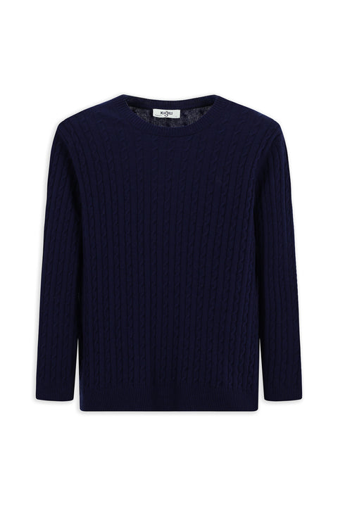 Koyu Lacivert Bisiklet Yaka Regular Fit Desenli Yünlü Triko Kazak