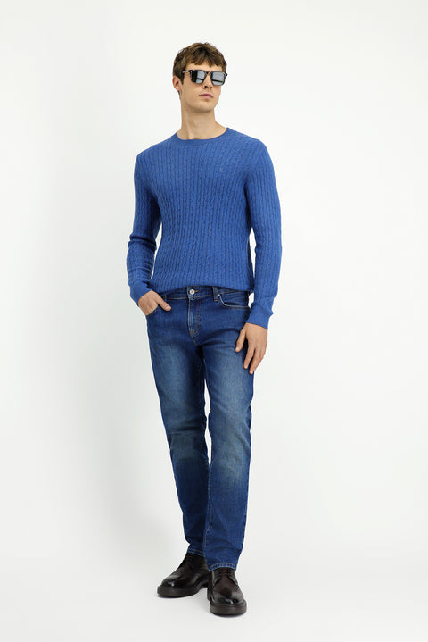 İndigo Melanj Bisiklet Yaka Regular Fit Desenli Yünlü Triko Kazak