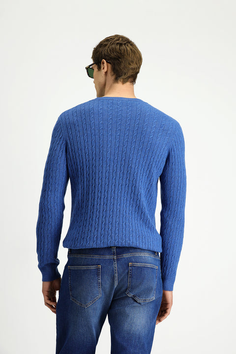 İndigo Melanj Bisiklet Yaka Regular Fit Desenli Yünlü Triko Kazak