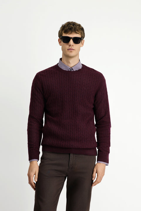 Koyu Bordo Bisiklet Yaka Regular Fit Desenli Yünlü Triko Kazak