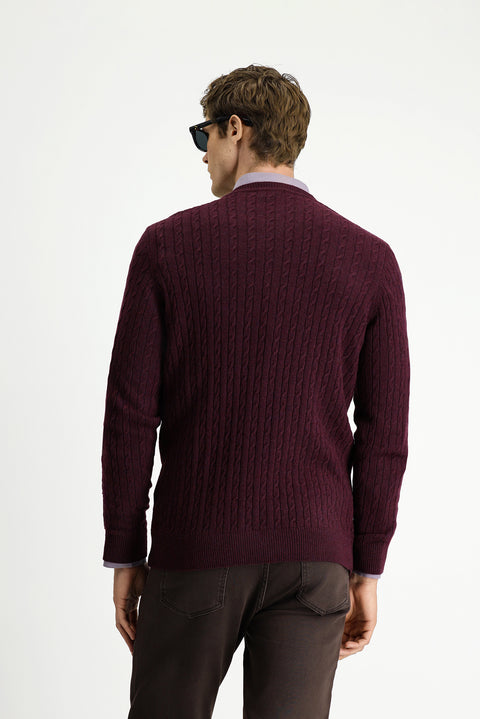 Koyu Bordo Bisiklet Yaka Regular Fit Desenli Yünlü Triko Kazak