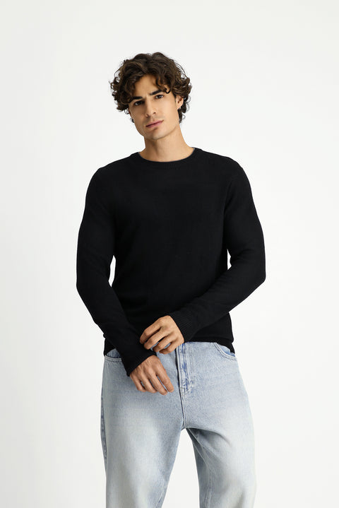 Siyah Bisiklet Yaka Regular Fit Örme Yünlü Kaşmir Karışımlı Triko Kazak