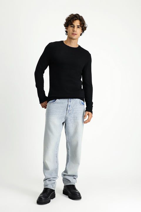 Siyah Bisiklet Yaka Regular Fit Örme Yünlü Kaşmir Karışımlı Triko Kazak