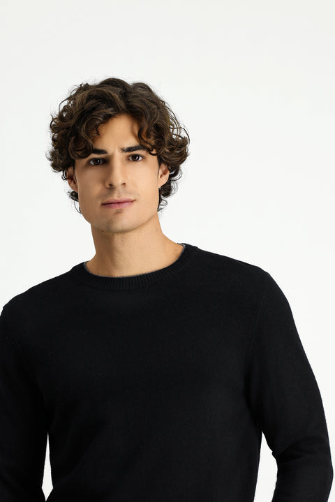 Siyah Bisiklet Yaka Regular Fit Örme Yünlü Kaşmir Karışımlı Triko Kazak