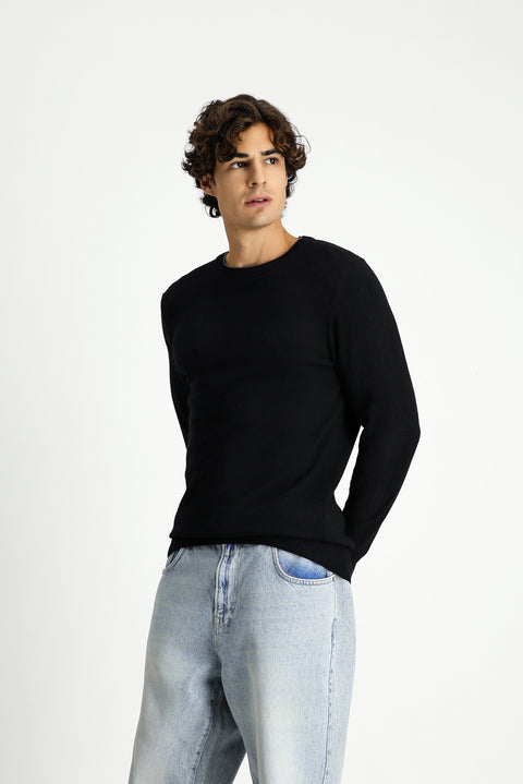 Siyah Bisiklet Yaka Regular Fit Örme Yünlü Kaşmir Karışımlı Triko Kazak