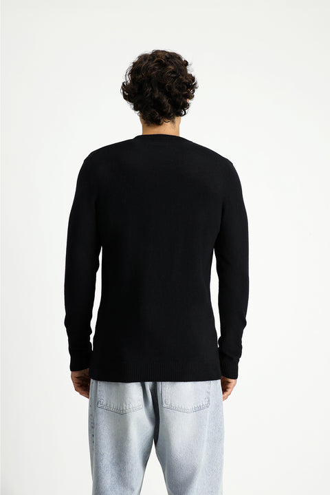 Siyah Bisiklet Yaka Regular Fit Örme Yünlü Kaşmir Karışımlı Triko Kazak