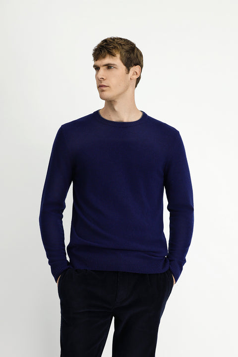 Koyu Lacivert Bisiklet Yaka Regular Fit Örme Yünlü Kaşmir Karışımlı Triko Kazak