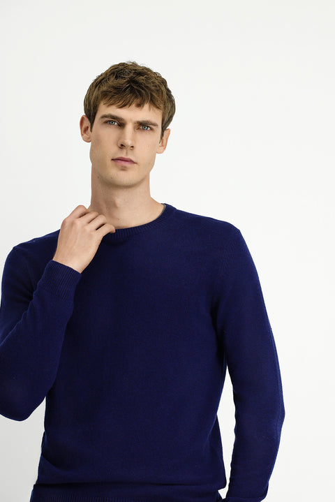 Koyu Lacivert Bisiklet Yaka Regular Fit Örme Yünlü Kaşmir Karışımlı Triko Kazak