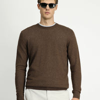 Orta Kahve Bisiklet Yaka Regular Fit Örme Yünlü Kaşmir Karışımlı Triko Kazak