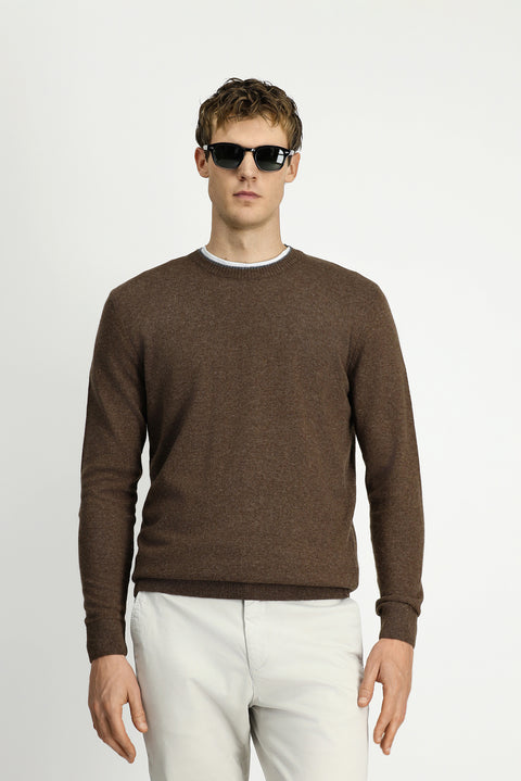 Orta Kahve Bisiklet Yaka Regular Fit Örme Yünlü Kaşmir Karışımlı Triko Kazak