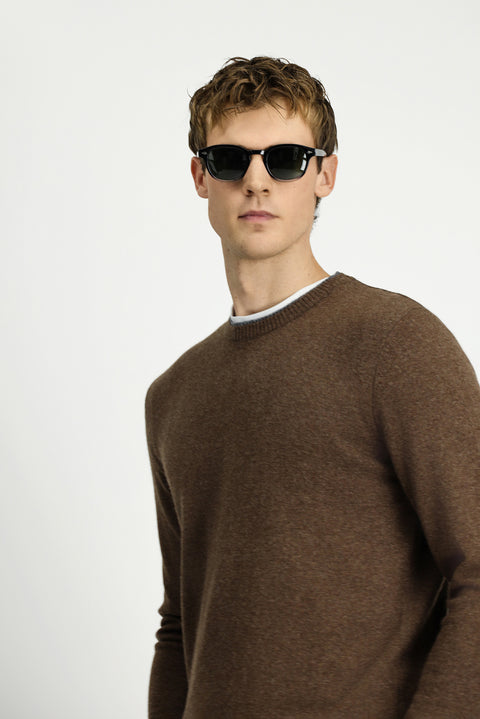 Orta Kahve Bisiklet Yaka Regular Fit Örme Yünlü Kaşmir Karışımlı Triko Kazak