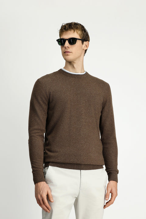 Orta Kahve Bisiklet Yaka Regular Fit Örme Yünlü Kaşmir Karışımlı Triko Kazak