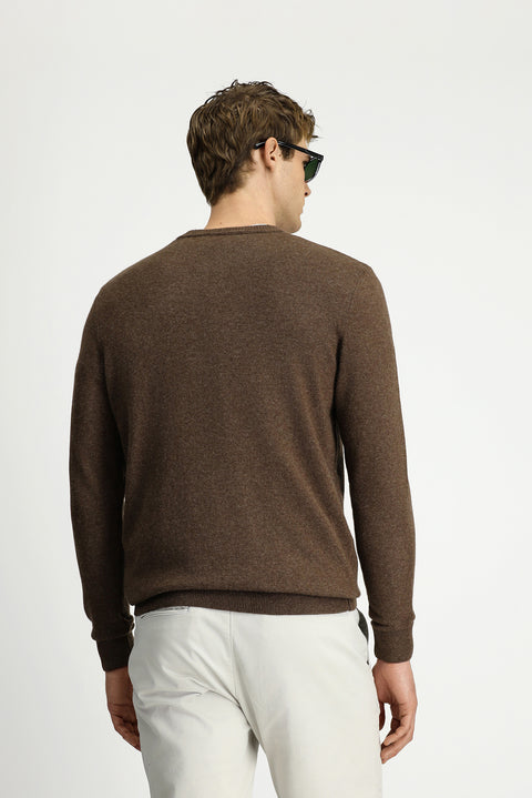 Orta Kahve Bisiklet Yaka Regular Fit Örme Yünlü Kaşmir Karışımlı Triko Kazak