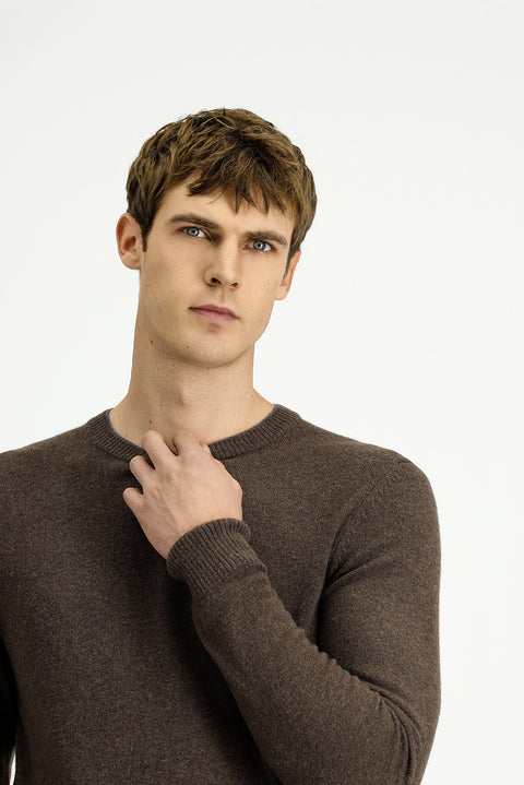 Orta Bej Bisiklet Yaka Regular Fit Örme Yünlü Kaşmir Karışımlı Triko Kazak