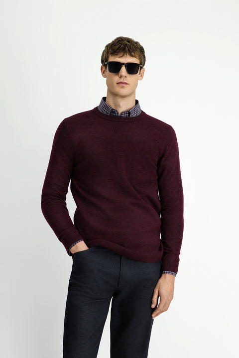 Koyu Bordo Bisiklet Yaka Regular Fit Örme Yünlü Kaşmir Karışımlı Triko Kazak