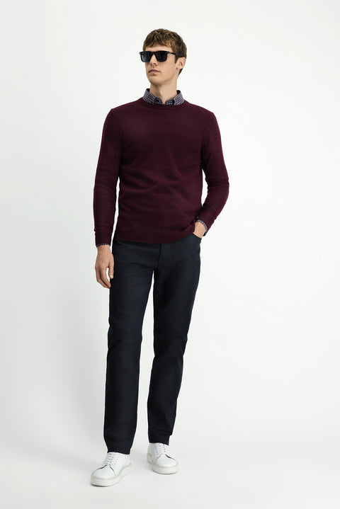 Dark Burgundy Crew Neck Regular Fit Knitted Wool Cashmere Blend Sweater