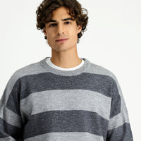 Orta Gri Melanj Bisiklet Yaka Oversize Ekstra Rahat Kesim Çizgili Triko Kazak