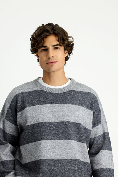 Orta Gri Melanj Bisiklet Yaka Oversize Ekstra Rahat Kesim Çizgili Triko Kazak