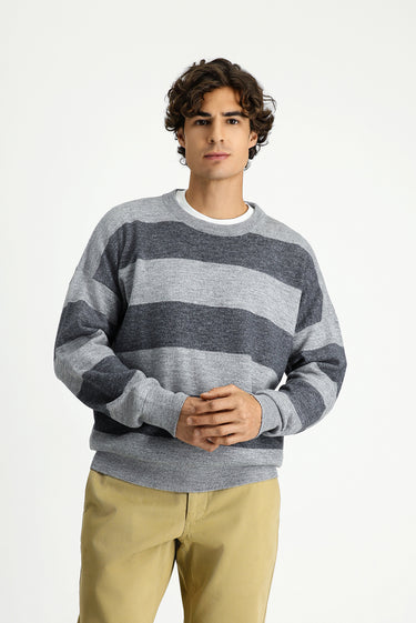  Orta Gri Melanj Bisiklet Yaka Oversize Ekstra Rahat Kesim Çizgili Triko Kazak