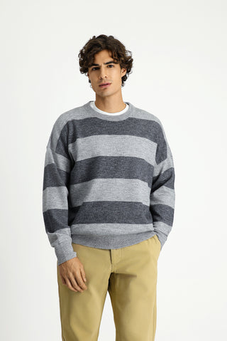  Orta Gri Melanj Bisiklet Yaka Oversize Ekstra Rahat Kesim Çizgili Triko Kazak