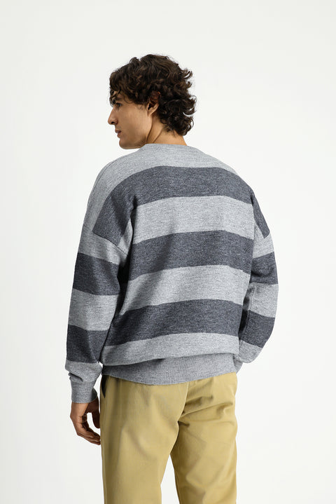 Orta Gri Melanj Bisiklet Yaka Oversize Ekstra Rahat Kesim Çizgili Triko Kazak