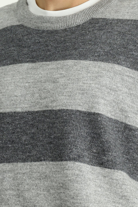 Orta Gri Melanj Bisiklet Yaka Oversize Ekstra Rahat Kesim Çizgili Triko Kazak