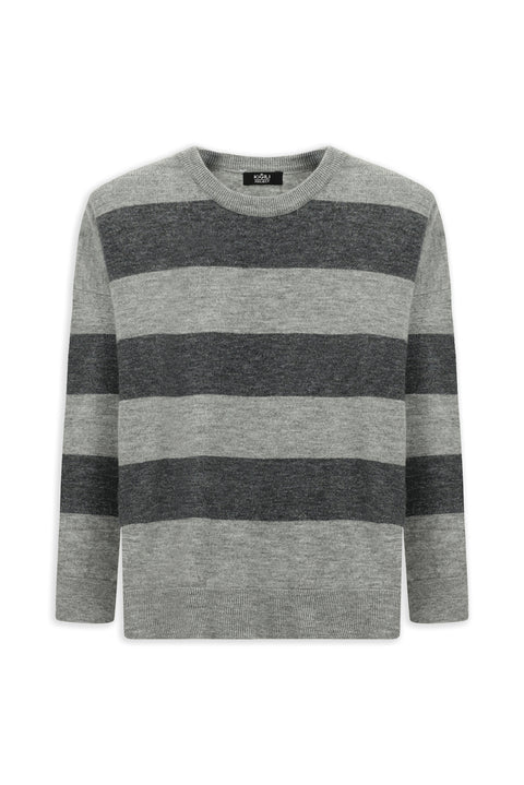 Orta Gri Melanj Bisiklet Yaka Oversize Ekstra Rahat Kesim Çizgili Triko Kazak