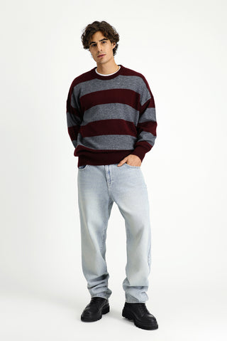  Koyu Bordo Bisiklet Yaka Oversize Ekstra Rahat Kesim Çizgili Triko Kazak