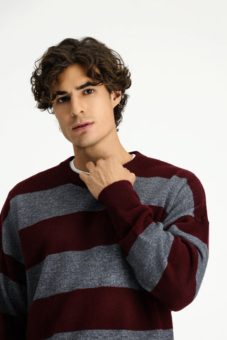  Koyu Bordo Bisiklet Yaka Oversize Ekstra Rahat Kesim Çizgili Triko Kazak