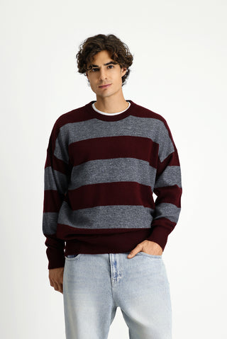  Koyu Bordo Bisiklet Yaka Oversize Ekstra Rahat Kesim Çizgili Triko Kazak