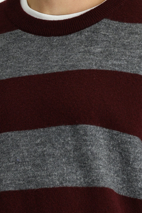 Dark Burgundy Crew Neck Oversize Extra Relaxed Fit Striped Knit Sweater