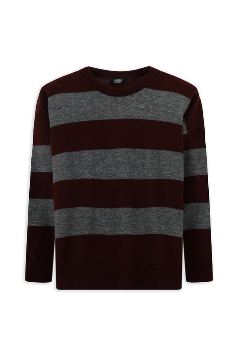 Koyu Bordo Bisiklet Yaka Oversize Ekstra Rahat Kesim Çizgili Triko Kazak