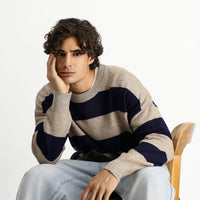 Orta Vizon Bisiklet Yaka Oversize Ekstra Rahat Kesim Çizgili Triko Kazak