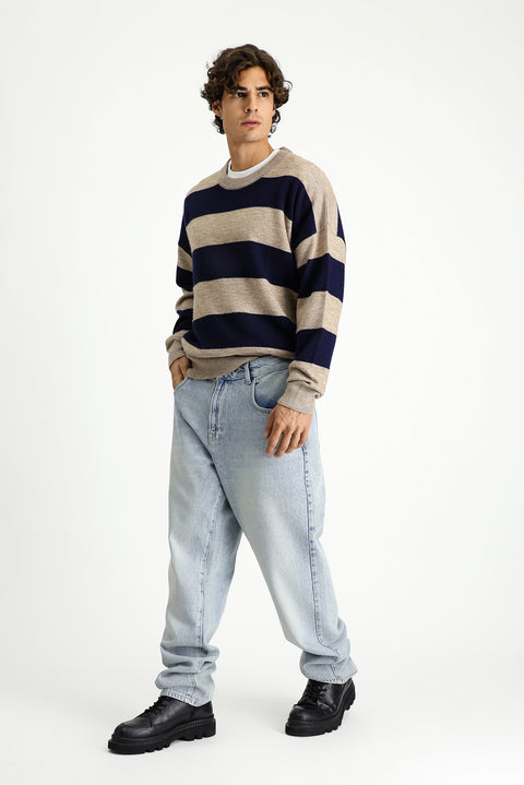 Orta Vizon Bisiklet Yaka Oversize Ekstra Rahat Kesim Çizgili Triko Kazak