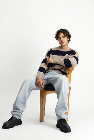  Orta Vizon Bisiklet Yaka Oversize Ekstra Rahat Kesim Çizgili Triko Kazak