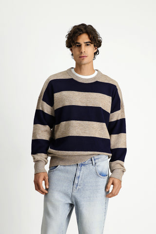  Orta Vizon Bisiklet Yaka Oversize Ekstra Rahat Kesim Çizgili Triko Kazak