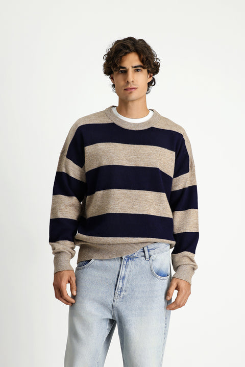 Orta Vizon Bisiklet Yaka Oversize Ekstra Rahat Kesim Çizgili Triko Kazak