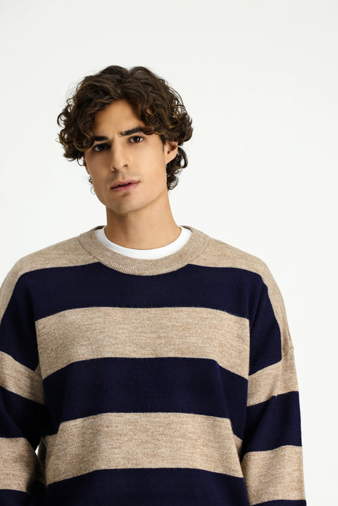 Orta Vizon Bisiklet Yaka Oversize Ekstra Rahat Kesim Çizgili Triko Kazak