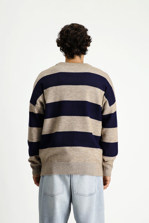 Orta Vizon Bisiklet Yaka Oversize Ekstra Rahat Kesim Çizgili Triko Kazak