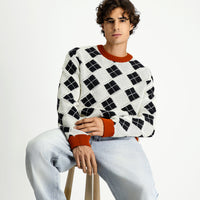 Ekru Bisiklet Yaka Oversize Ekstra Rahat Kesim Pamuklu Desenli Triko Kazak