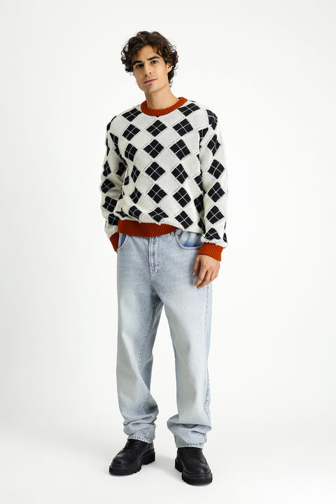 Ekru Bisiklet Yaka Oversize Ekstra Rahat Kesim Pamuklu Desenli Triko Kazak