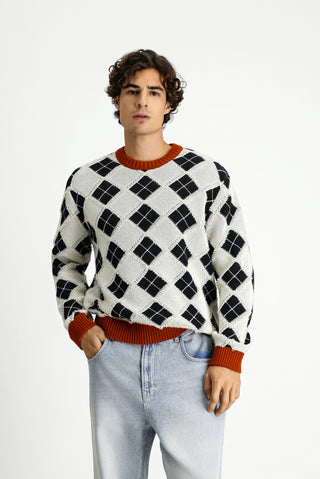  Ekru Bisiklet Yaka Oversize Ekstra Rahat Kesim Pamuklu Desenli Triko Kazak