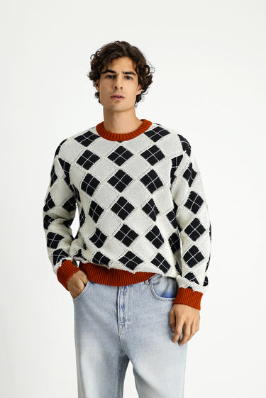  Ekru Bisiklet Yaka Oversize Ekstra Rahat Kesim Pamuklu Desenli Triko Kazak