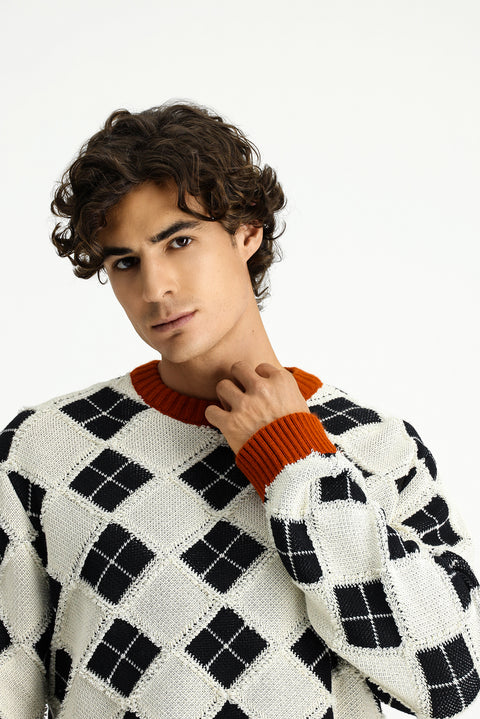 Ekru Bisiklet Yaka Oversize Ekstra Rahat Kesim Pamuklu Desenli Triko Kazak