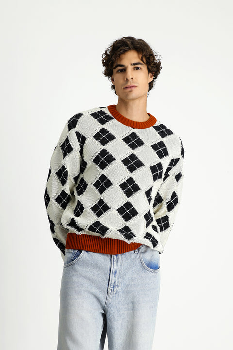 Ekru Bisiklet Yaka Oversize Ekstra Rahat Kesim Pamuklu Desenli Triko Kazak