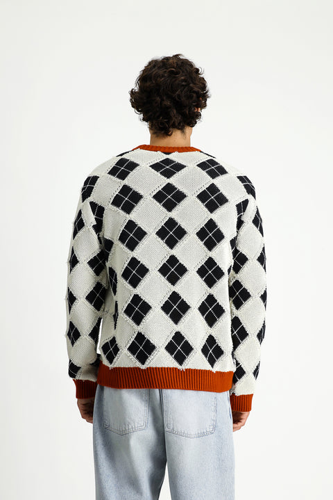 Ekru Bisiklet Yaka Oversize Ekstra Rahat Kesim Pamuklu Desenli Triko Kazak