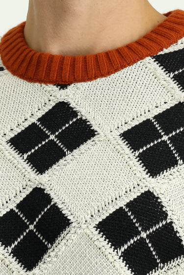 Ekru Bisiklet Yaka Oversize Ekstra Rahat Kesim Pamuklu Desenli Triko Kazak