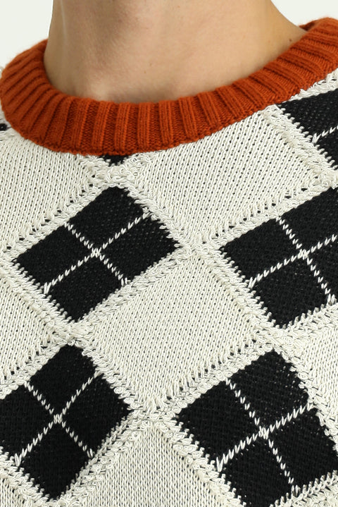 Ekru Bisiklet Yaka Oversize Ekstra Rahat Kesim Pamuklu Desenli Triko Kazak